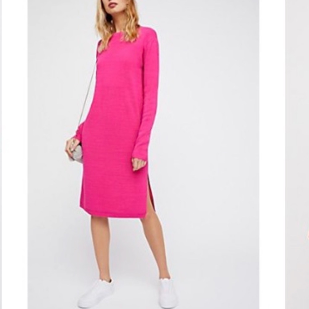 Like New Free People Long Sleeve Knit Midi Dress in Bright Fuschia / Pink